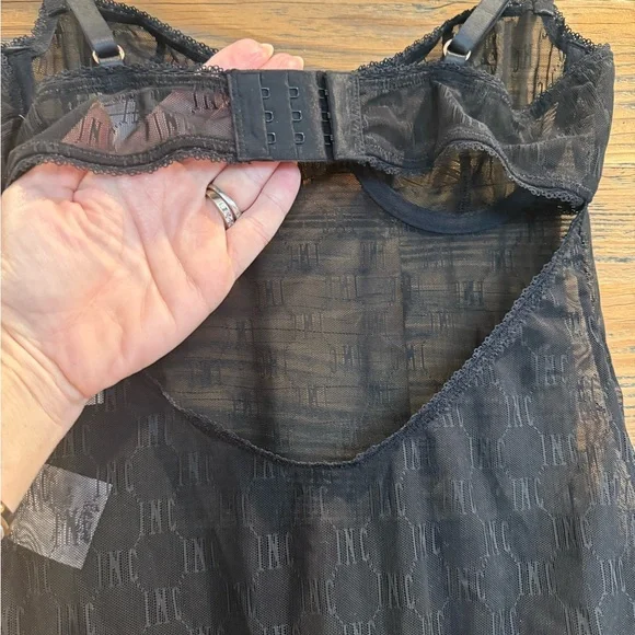 INC International Concepts Black Sheer Monogram Bodysuit - Picture 6 of 7